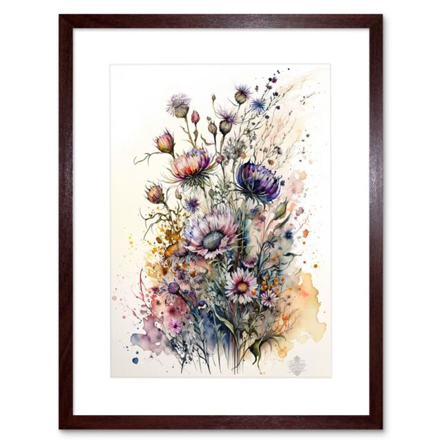 "Artery8 Wall Art Print Spring Wildflowers Watercolour Boho Artwork Framed 9X7 Inch in Brown - Size: W7"" x H9""" - image 1