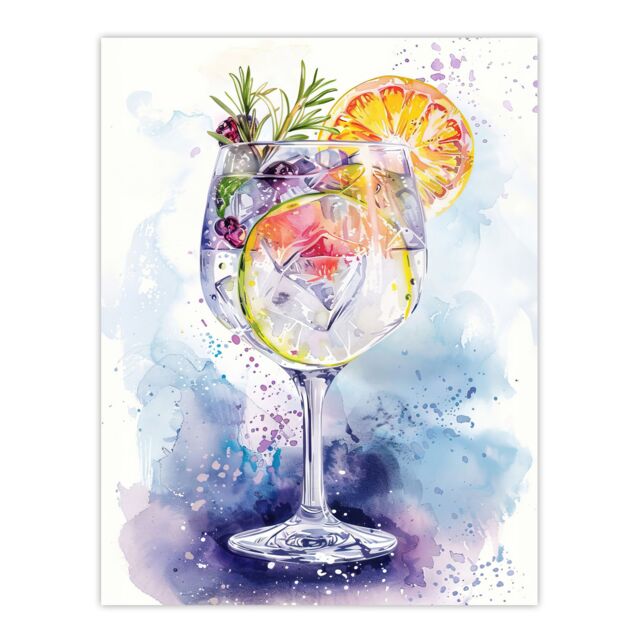 "Artery8 Sloe Gin Tonic Fruit Cocktail Modern Watercolour Wall Art Print in Blue - Size: W24"" x H32""" - image 1