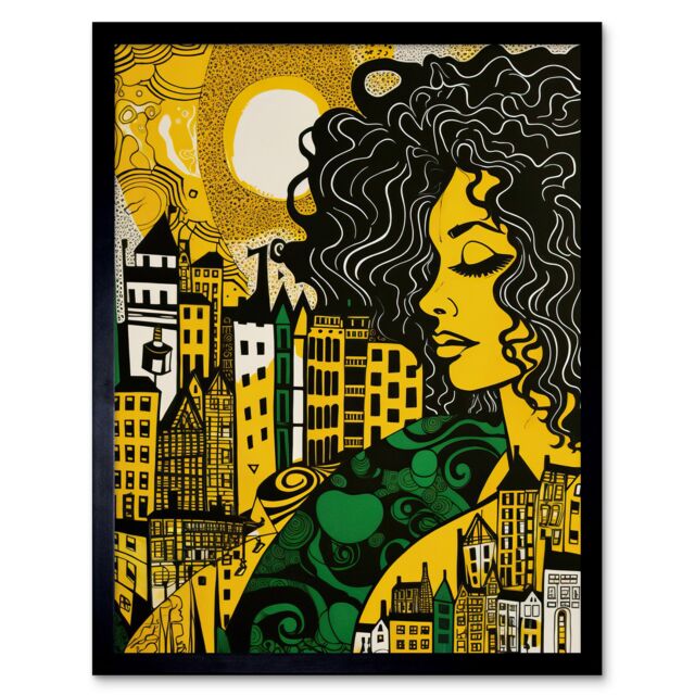 "Artery8 Wall Art Print Woman & Edinburgh Cityscape Yellow Green Linocut Art Framed in Black - Size: W12"" x H16""" - image 1