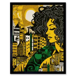 "Artery8 Wall Art Print Woman & Edinburgh Cityscape Yellow Green Linocut Art Framed in Black - Size: W12"" x H16""" - thumbnail 1