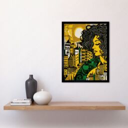 "Artery8 Wall Art Print Woman & Edinburgh Cityscape Yellow Green Linocut Art Framed in Black - Size: W12"" x H16""" - thumbnail 2