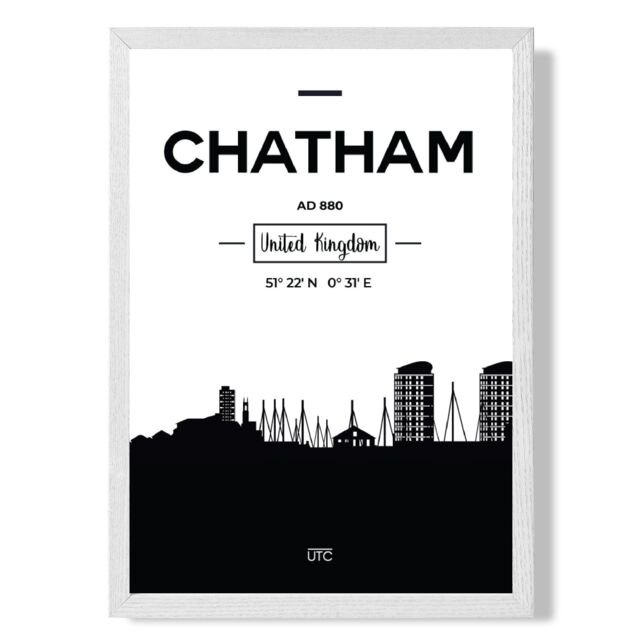 ARTZE Chatham Black & White City Skyline Framed Print SIZE: A2 with White Frame - image 1