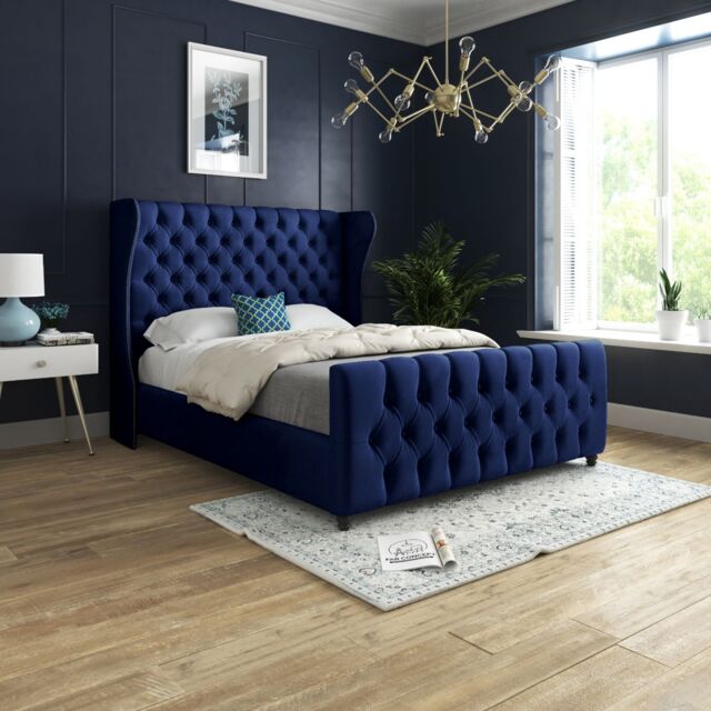 KDMD Donati Straight Curved Top Upholstered Soft Velvet Blue Bed Frame - Size: Double - image 1