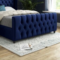 KDMD Donati Straight Curved Top Upholstered Soft Velvet Blue Bed Frame - Size: Double - thumbnail 3