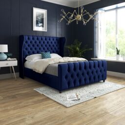 KDMD Donati Straight Curved Top Upholstered Soft Velvet Blue Bed Frame - Size: Double - thumbnail 1