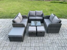 Fimous 9 Seater Outdoor Garden Furniture Sets Wicker Rattan Furniture Sofa Sets with Square Coffee Table Love seat Sofa 3 Footstools in Dark Grey - thumbnail 1