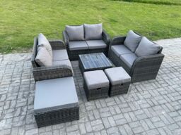 Fimous 9 Seater Outdoor Garden Furniture Sets Wicker Rattan Furniture Sofa Sets with Square Coffee Table Love seat Sofa 3 Footstools in Dark Grey - thumbnail 2