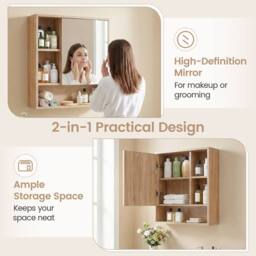 Gymax Medicine Cabinet with Mirror Wall Mounted Organizer Bathroom Entryway in Khaki - thumbnail 7