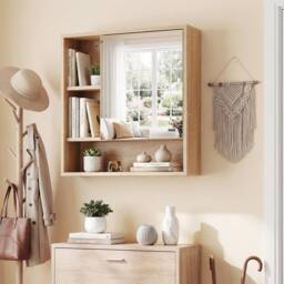 Gymax Medicine Cabinet with Mirror Wall Mounted Organizer Bathroom Entryway in Khaki - thumbnail 3