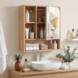 Gymax Medicine Cabinet with Mirror Wall Mounted Organizer Bathroom Entryway in Khaki - thumbnail 4