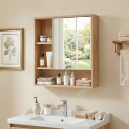 Gymax Medicine Cabinet with Mirror Wall Mounted Organizer Bathroom Entryway in Khaki