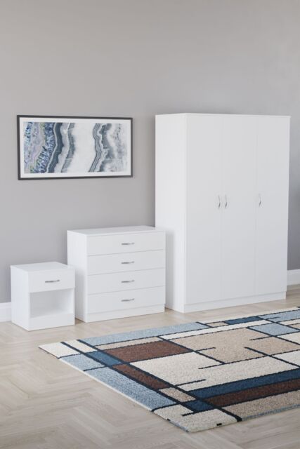 Home Discount Vida Designs Riano 3Pc Bedroom Set - 4 Drawer Chest, 3 Door Wardrobe in White - image 1
