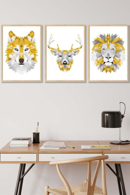ARTZE Geometric Yellow Grey Animal Heads Framed Wall Art - Medium in Light Oak - Size: W45 cm x H62 cm x D20mm - image 1
