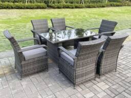 Fimous Outdoor Rattan Garden Furniture Dining Set Table & Chair Set Wicker Patio 6 Chairs Plus Rectangular Table in Dark Grey - thumbnail 3