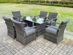 Fimous Outdoor Rattan Garden Furniture Dining Set Table & Chair Set Wicker Patio 6 Chairs Plus Rectangular Table in Dark Grey - thumbnail 1