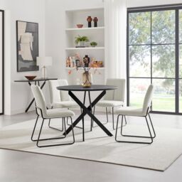 FurnitureboxUK Novara 100cm Black Top Round Dining Table & 4 Cream Halley Chairs - thumbnail 1