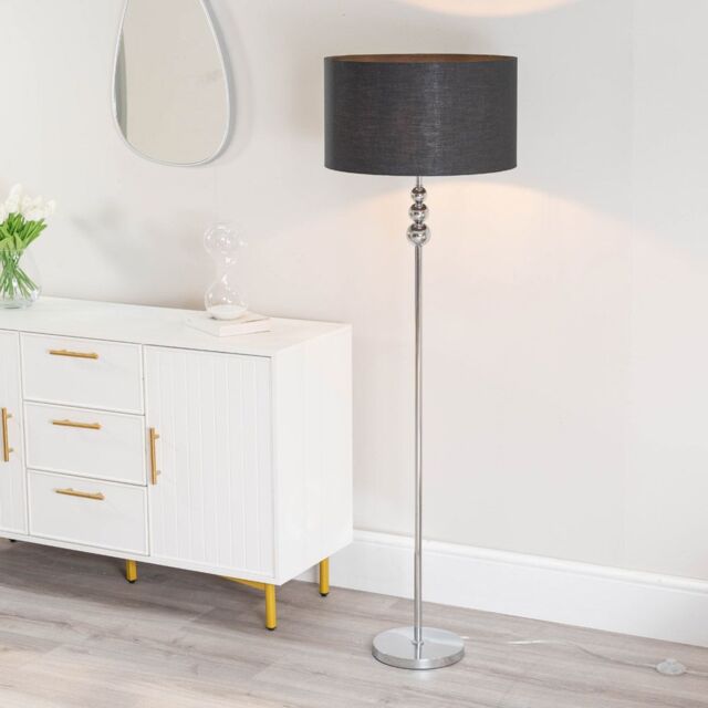 ValueLights Marissa Fabric Drum Shade with Chrome Stacked Ball Floor Lamp with LED Bulb in Black - image 1