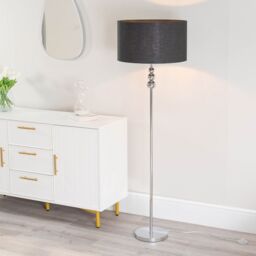 ValueLights Marissa Fabric Drum Shade with Chrome Stacked Ball Floor Lamp with LED Bulb in Black