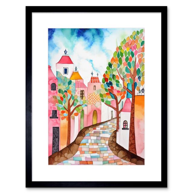 "Artery8 Wall Art Print Cobblestone Street In Spring Folk Artwork Framed 9X7 Inch in Black - Size: W7"" x H9""" - image 1