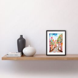 "Artery8 Wall Art Print Cobblestone Street In Spring Folk Artwork Framed 9X7 Inch in Black - Size: W7"" x H9""" - thumbnail 2