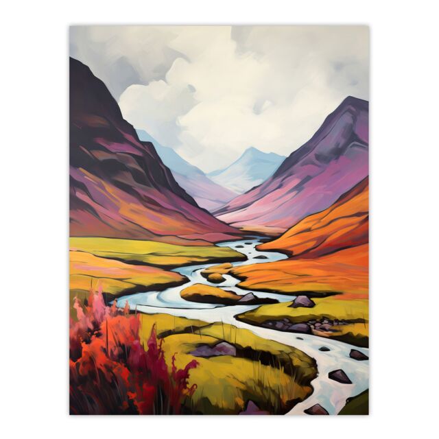 Artery8 Scotland Glencoe Valley Oil Painting Majestic Mountains & River With Heather Shrubs Unframed Wall Art Print Poster Home Decor Premium - image 1