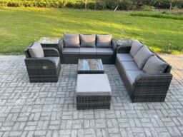 Fimous Outdoor Rattan Garden Furniture Set Conservatory Patio Sofa Coffee Table With Reclining Chair 2 Side Tables Big Footstool in Dark Grey - thumbnail 2