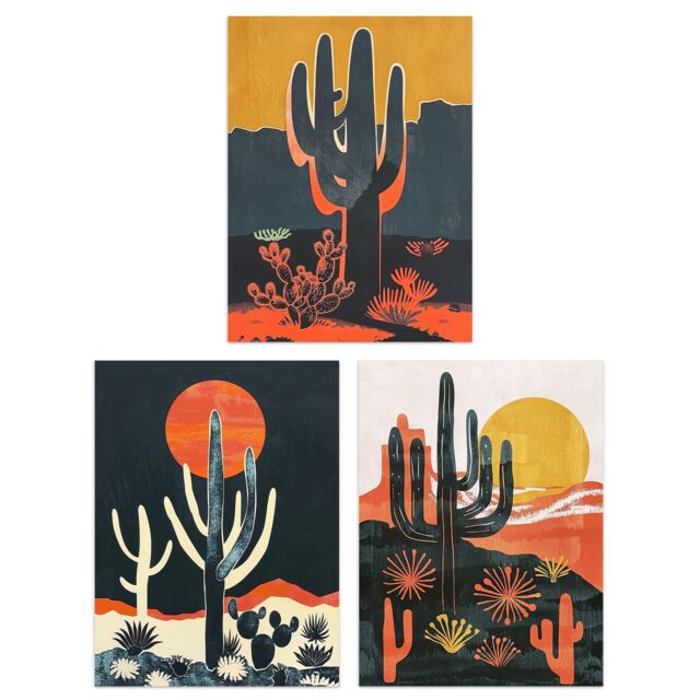 "Artery8 Set of 3 Modern Desert Cacti Sunset Landscapes 12X16"" Wall Art Prints in Orange - Size: W12"" x H16""" - image 1