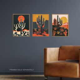 "Artery8 Set of 3 Modern Desert Cacti Sunset Landscapes 12X16"" Wall Art Prints in Orange - Size: W12"" x H16""" - thumbnail 2
