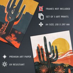 "Artery8 Set of 3 Modern Desert Cacti Sunset Landscapes 12X16"" Wall Art Prints in Orange - Size: W12"" x H16""" - thumbnail 4