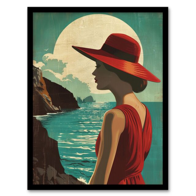 Artery8 Elegant Woman Italian Coast Travel Vintage Style Framed Wall Art in Blue - Size: A4 - image 1