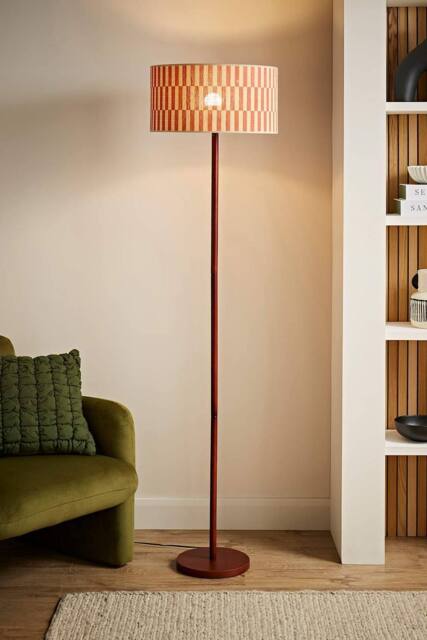 ValueLights Heather Dark Wood Floor Lamp with Patterned Bamboo Drum Shade & Bulb in Orange - image 1