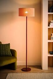 ValueLights Heather Dark Wood Floor Lamp with Patterned Bamboo Drum Shade & Bulb in Orange - thumbnail 2