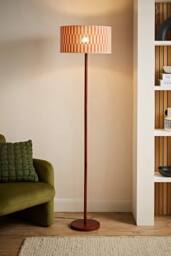 ValueLights Heather Dark Wood Floor Lamp with Patterned Bamboo Drum Shade & Bulb in Orange - thumbnail 1