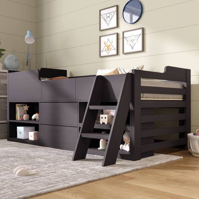 BTM Cabin Mid Sleeper Bed with Drawers & Shelf, 3ft Single, Wooden Frame in Grey - image 1