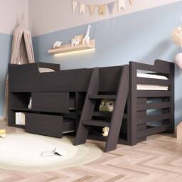 BTM Cabin Mid Sleeper Bed with Drawers & Shelf, 3ft Single, Wooden Frame in Grey - thumbnail 2