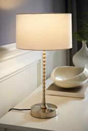 ValueLights Maeve Fabric Drum Lamp Shade Brushed Chrome Bobbin Bobble Table Lamp in White - thumbnail 1