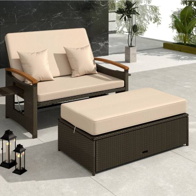 Costway Garden Rattan Daybed Patio Double Wicker Chaise Sun Lounger w/Cushion in Brown - image 1