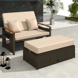 Costway Garden Rattan Daybed Patio Double Wicker Chaise Sun Lounger w/Cushion in Brown - thumbnail 1