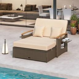 Costway Garden Rattan Daybed Patio Double Wicker Chaise Sun Lounger w/Cushion in Brown - thumbnail 2