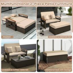 Costway Garden Rattan Daybed Patio Double Wicker Chaise Sun Lounger w/Cushion in Brown - thumbnail 4