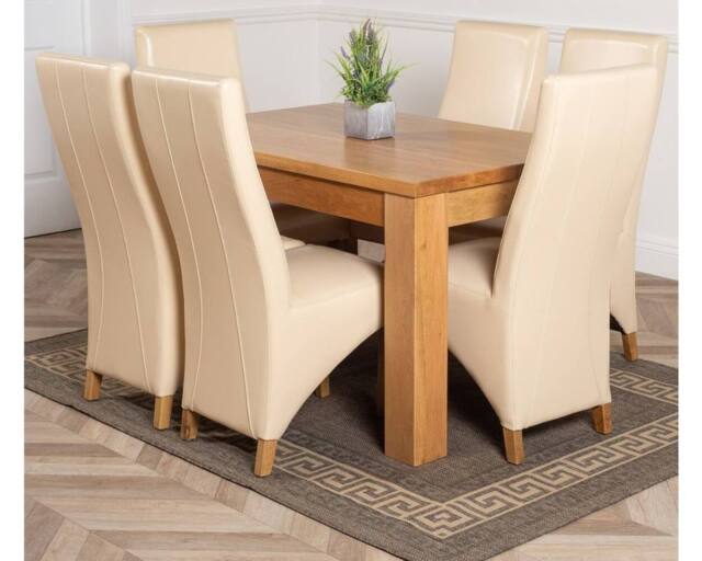 Thats Furniture Dakot 127 x 82cm Oak Small Dining Table & 6 Lola Leather Chairs in Cream - Size: 127 x 82 cm - image 1