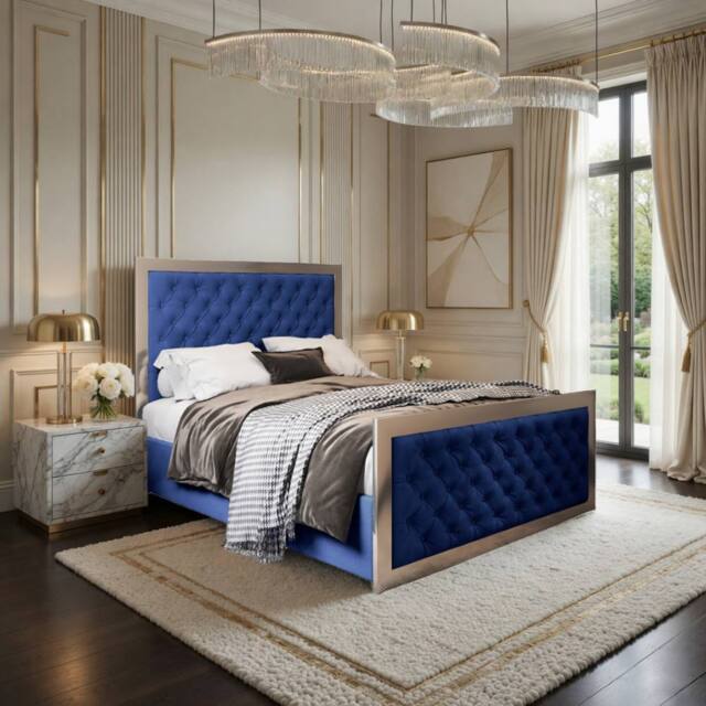 Casani Launceston Upholstered Soft Velvet Blue Metal Designer Bed Frame - Size: Double - image 1