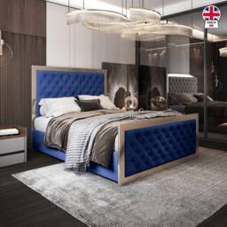 Casani Launceston Upholstered Soft Velvet Blue Metal Designer Bed Frame - Size: Double - thumbnail 5