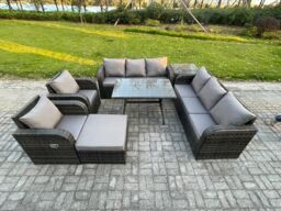 Fimous Rattan Outdoor Garden Furniture Sofa Set Patio Table & Chairs Set with 3 Seater Sofa Rectangular Dining Table in Dark Grey - thumbnail 1