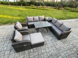 Fimous Rattan Outdoor Garden Furniture Sofa Set Patio Table & Chairs Set with 3 Seater Sofa Rectangular Dining Table in Dark Grey - thumbnail 2