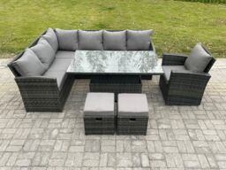 Fimous Wicker PE Outdoor Rattan Garden Furniture Set Height Adjustable Rising Lifting Table Sofa Dining Set with 2 Small Footstools Armchair - thumbnail 2
