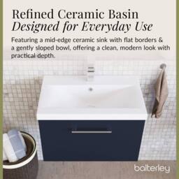 Balterley Contemporary Bathroom Wall Hung 1 Soft-Close Drawer Vanity Unit & Mid-Edge Ceramic Basin, Midnight Blue, 600 mm in Blue - thumbnail 7