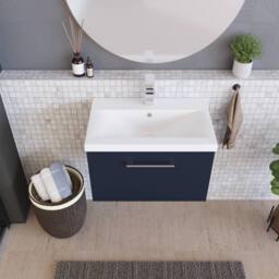 Balterley Contemporary Bathroom Wall Hung 1 Soft-Close Drawer Vanity Unit & Mid-Edge Ceramic Basin, Midnight Blue, 600 mm in Blue - thumbnail 3