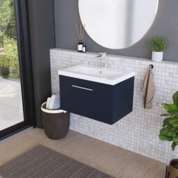 Balterley Contemporary Bathroom Wall Hung 1 Soft-Close Drawer Vanity Unit & Mid-Edge Ceramic Basin, Midnight Blue, 600 mm in Blue - thumbnail 4