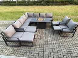 Fimous Aluminium 14 Seater Lounge Corner Sofa Outdoor Garden Furniture Sets Gas Fire Pit Dining Table Set Dark with 3 Chairs 2 Big Footstools - thumbnail 2